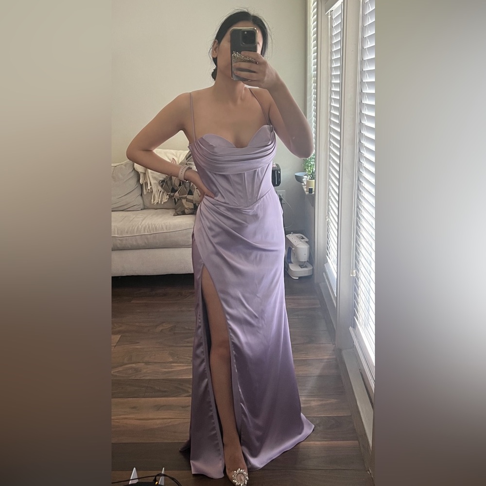 Social Corset Cowl Neck Lace-Up Back Slit Hem Satin Long Dress